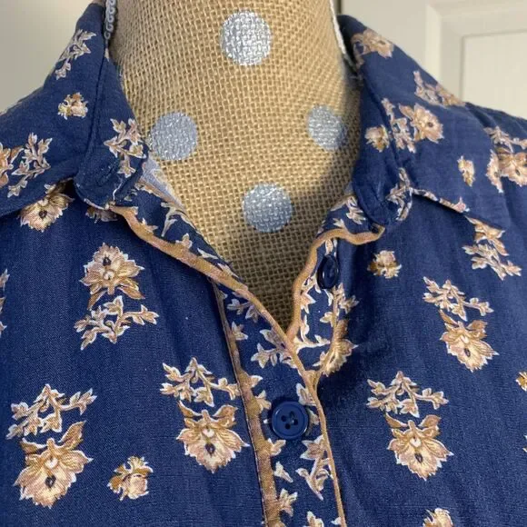 Lucky Brand Floral Midi Dress Button Collar Medium Minimalist Peasant Rayon Tie - Picture 3 of 12